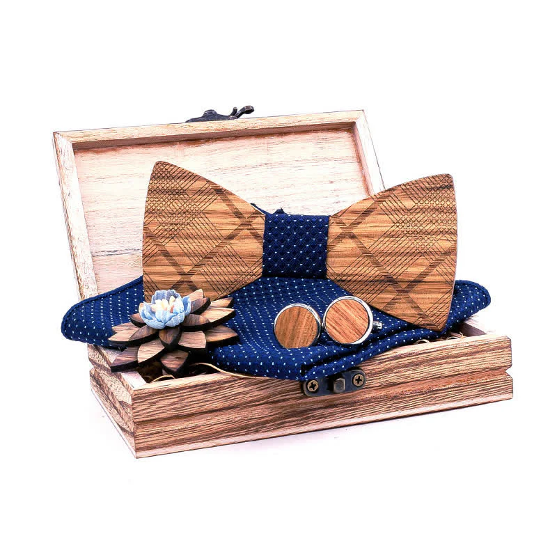 4Pcs Men's Classic Plaids Wooden Bow Tie Set - Image 2