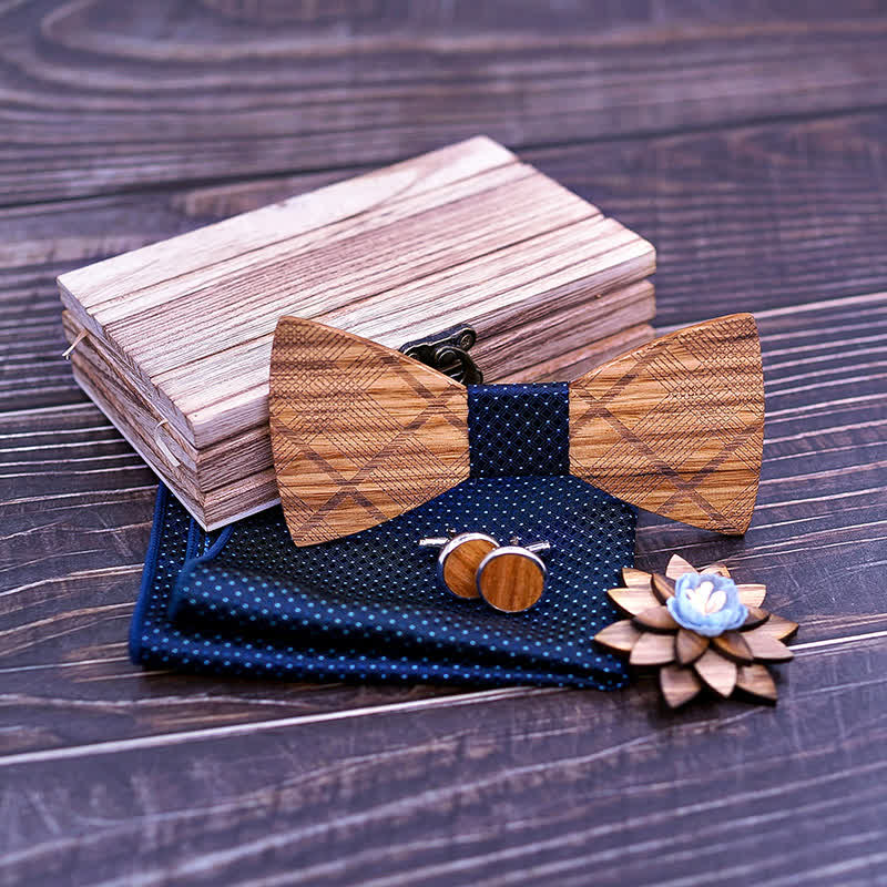 4Pcs Men's Classic Plaids Wooden Bow Tie Set - Image 3