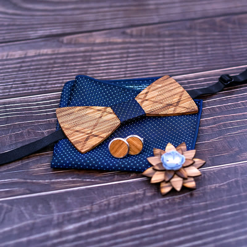 4Pcs Men's Classic Plaids Wooden Bow Tie Set - Image 4