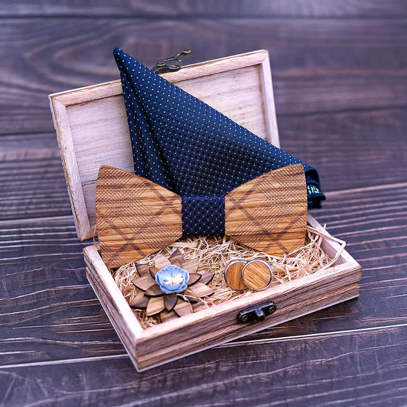 4Pcs Men's Classic Plaids Wooden Bow Tie Set - Image 5