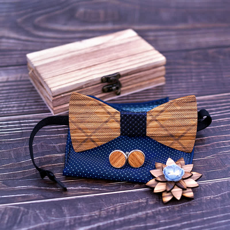 4Pcs Men's Classic Plaids Wooden Bow Tie Set - Image 6