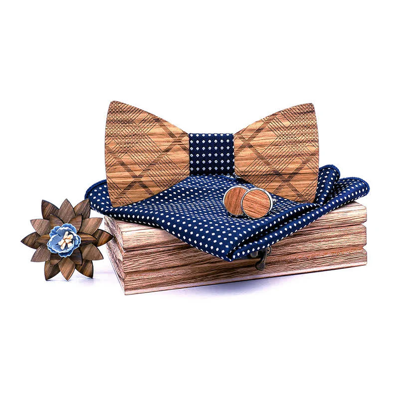 4Pcs Men's Classic Plaids Wooden Bow Tie Set - Image 7