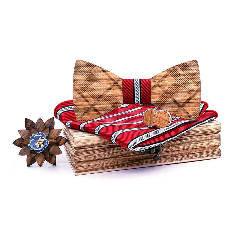 4Pcs Men's Classic Plaids Wooden Bow Tie Set - Image 8