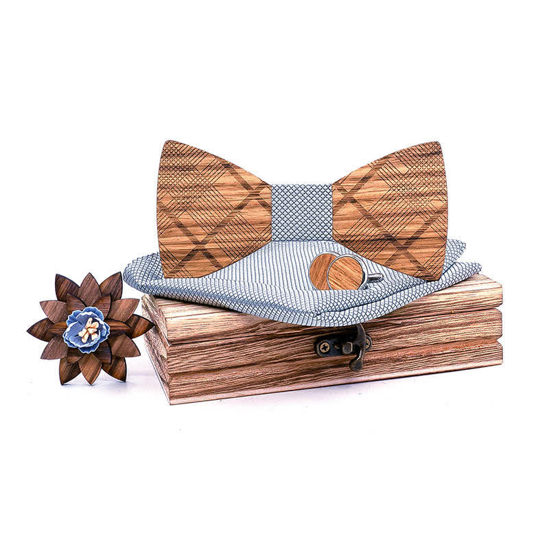4Pcs Men's Classic Plaids Wooden Bow Tie Set - Image 9