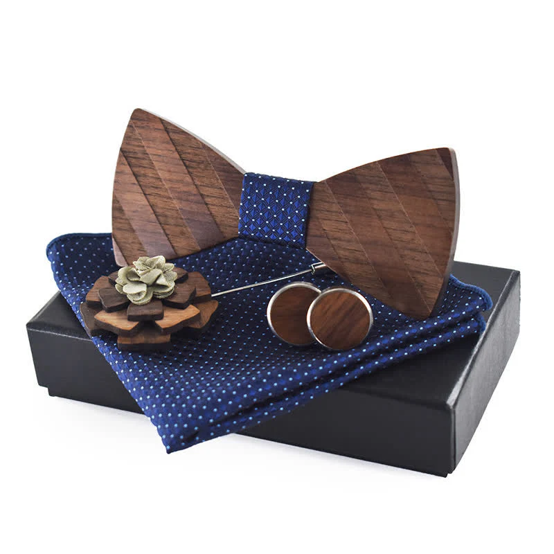 4Pcs Men's Formal Striped Pattern Wooden Bow Tie Set - Image 3