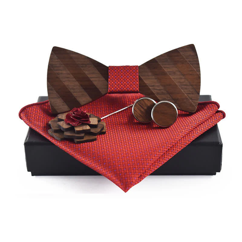 4Pcs Men's Formal Striped Pattern Wooden Bow Tie Set - Image 7