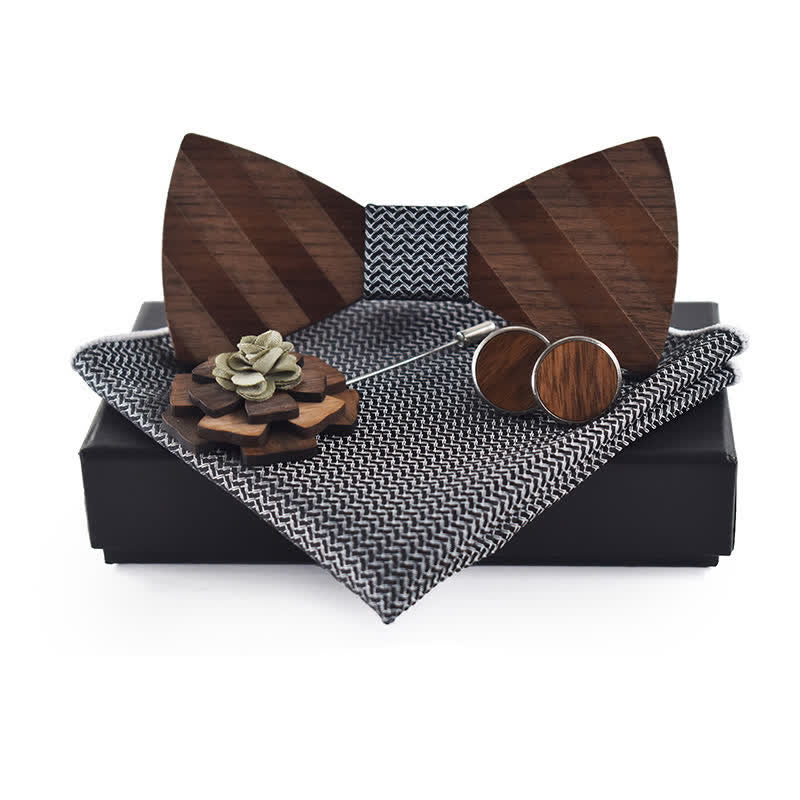 4Pcs Men's Formal Striped Pattern Wooden Bow Tie Set - Image 8