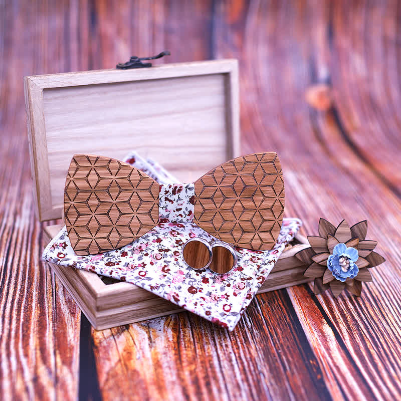 4Pcs Men's Geometric Carving Wooden Bow Tie Set - Image 2
