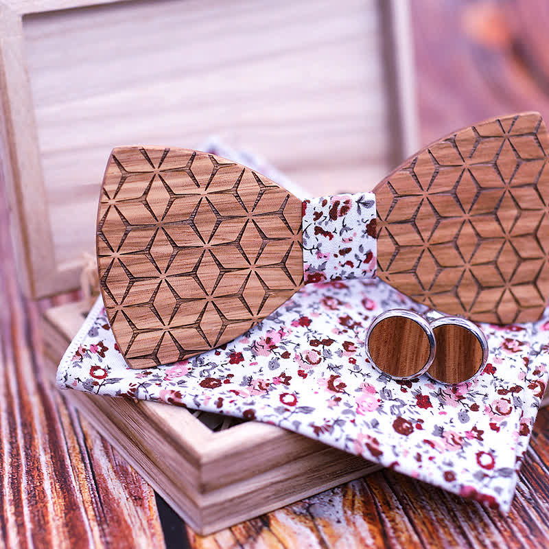 4Pcs Men's Geometric Carving Wooden Bow Tie Set - Image 3