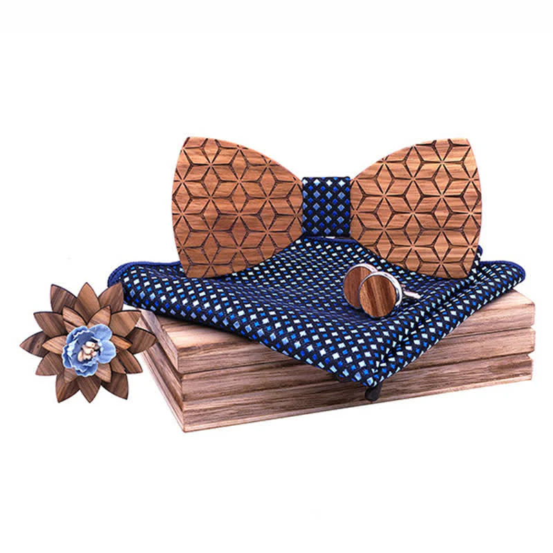 4Pcs Men's Geometric Carving Wooden Bow Tie Set - Image 6
