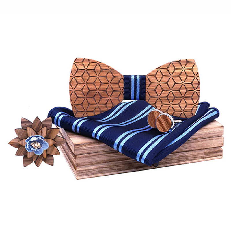 4Pcs Men's Geometric Carving Wooden Bow Tie Set - Image 7