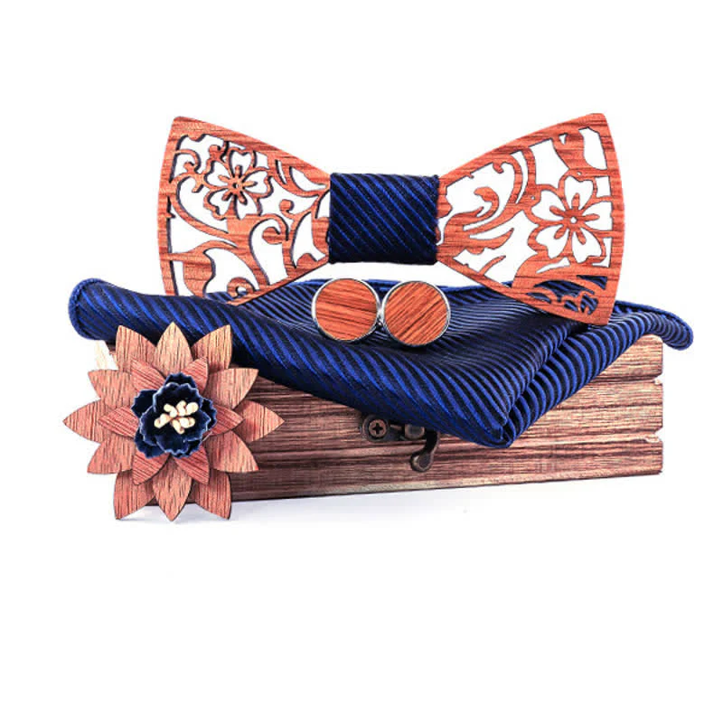 4pcs Men's Hollow Floral Wooden Bow Tie Set - Image 11
