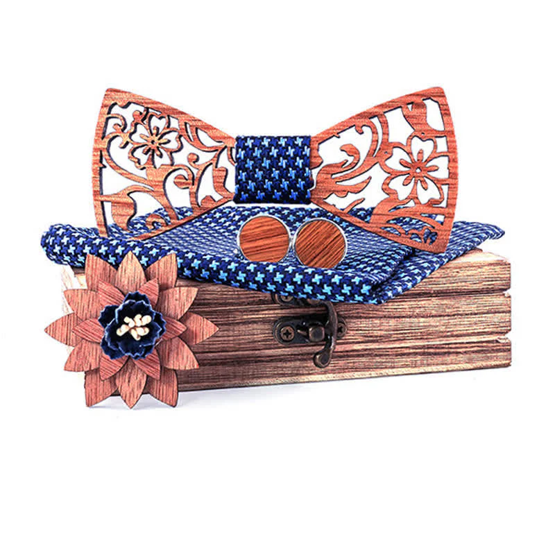 4pcs Men's Hollow Floral Wooden Bow Tie Set - Image 13