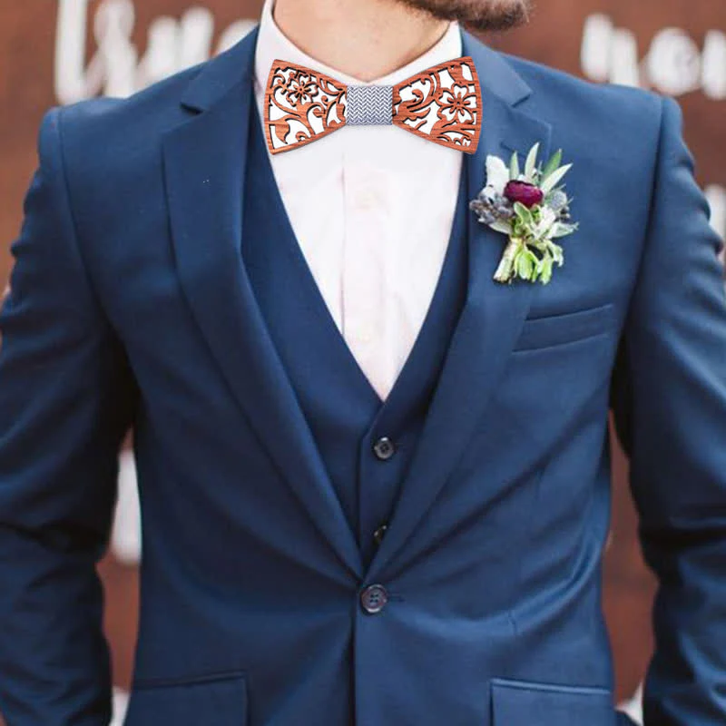 4pcs Men's Hollow Floral Wooden Bow Tie Set - Image 4