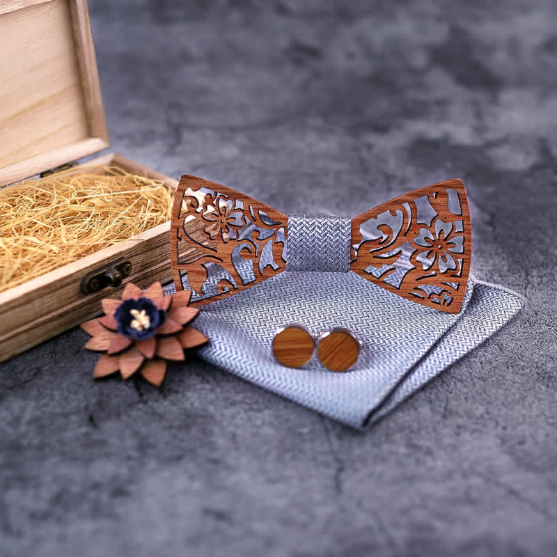 4pcs Men's Hollow Floral Wooden Bow Tie Set - Image 6