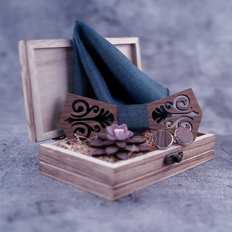 4Pcs Men's Hollow Flower Pattern Wooden Bow Tie Set - Image 3