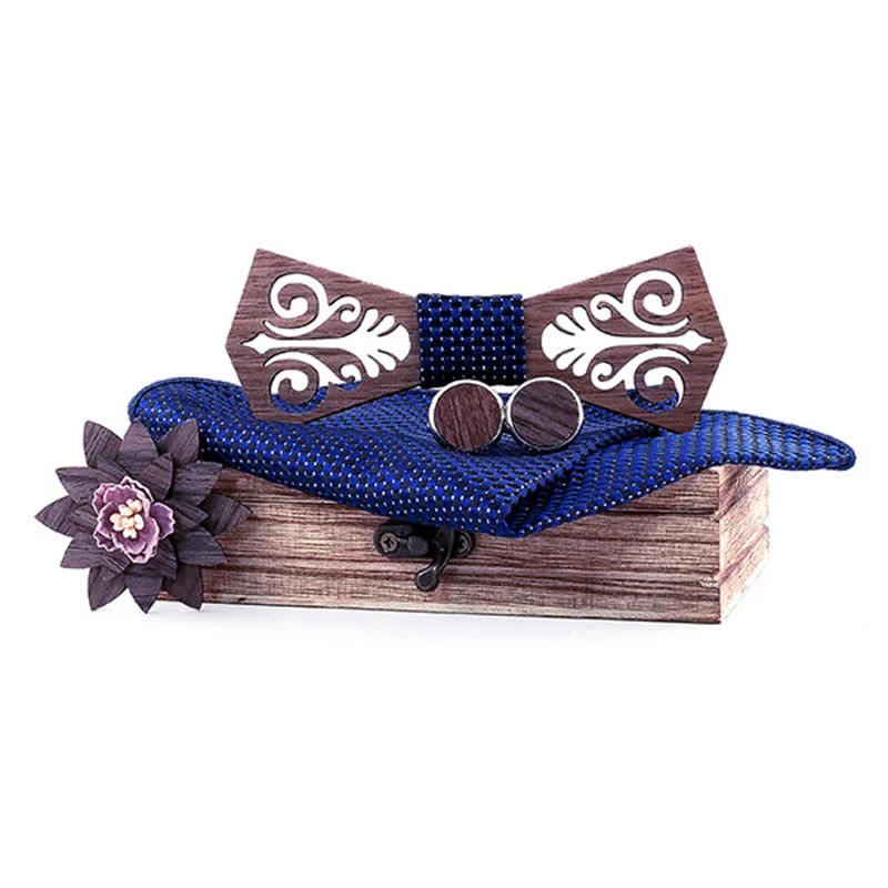 4Pcs Men's Hollow Flower Pattern Wooden Bow Tie Set - Image 8