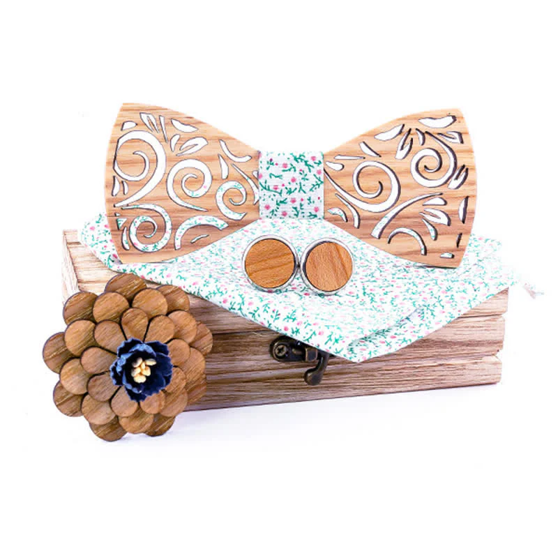 4Pcs Men's Hollow Leaf Design Wooden Bow Tie Set - Image 13