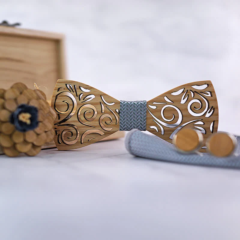 4Pcs Men's Hollow Leaf Design Wooden Bow Tie Set - Image 8