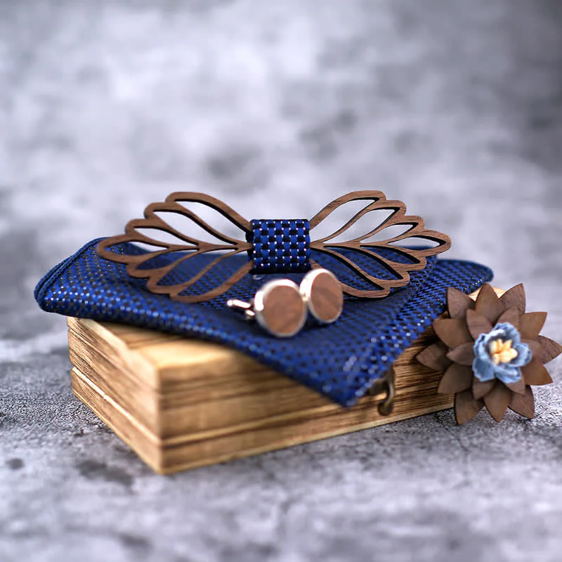 4Pcs Men's Hollow Leaves-shaped Wooden Bow Tie Set - Image 7