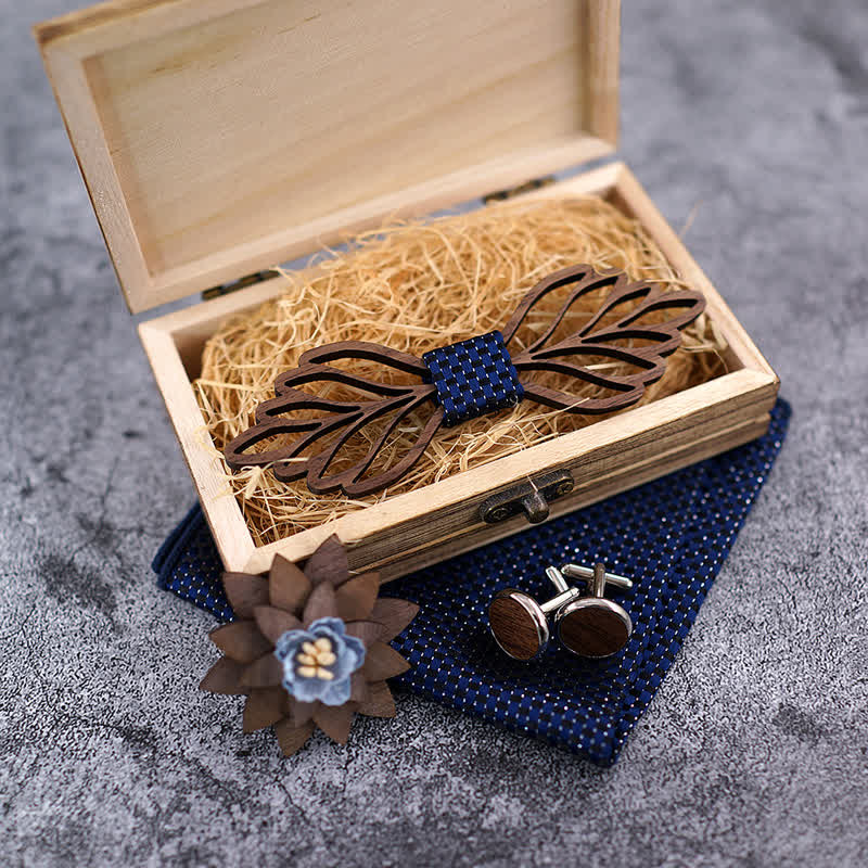 4Pcs Men's Hollow Leaves-shaped Wooden Bow Tie Set - Image 8