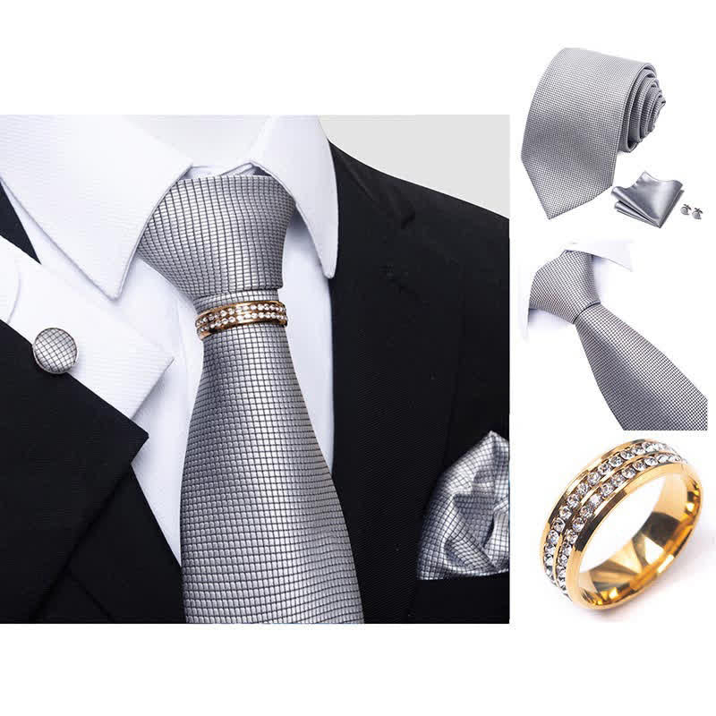 4Pcs Men's Micro-checked Necktie Set With Tie Ring - Image 2