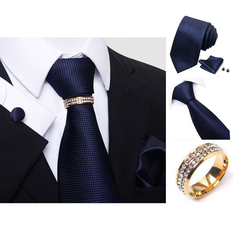 4Pcs Men's Micro-checked Necktie Set With Tie Ring - Image 4