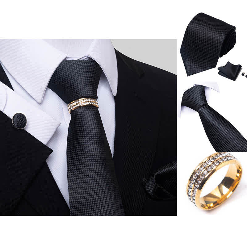 4Pcs Men's Micro-checked Necktie Set With Tie Ring - Image 6