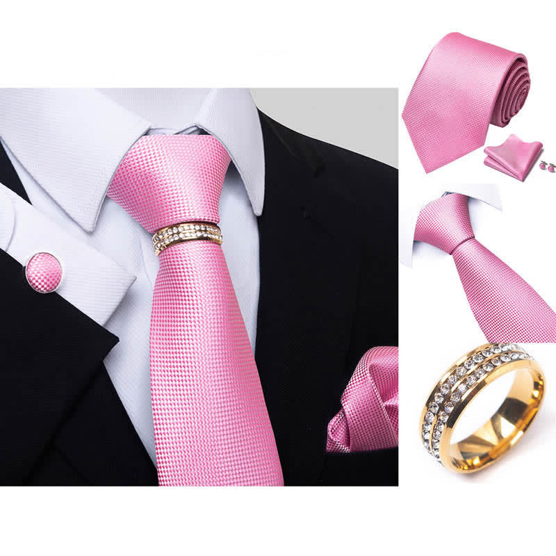 4Pcs Men's Micro-checked Necktie Set With Tie Ring - Image 8