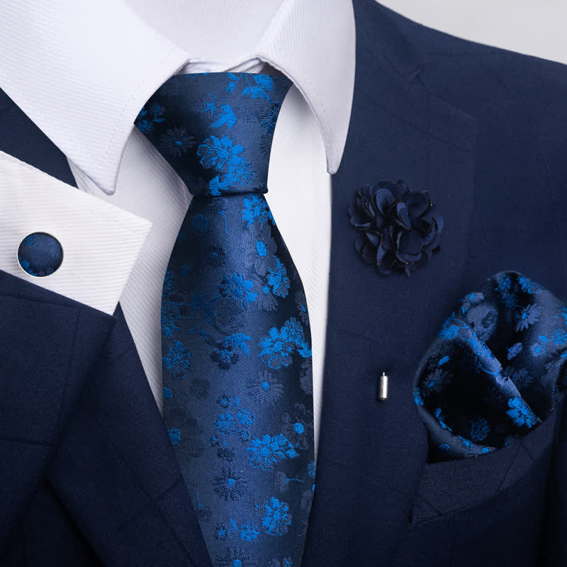 4Pcs Men's Navy Blue Series Jacquard Design Necktie Set - Image 11