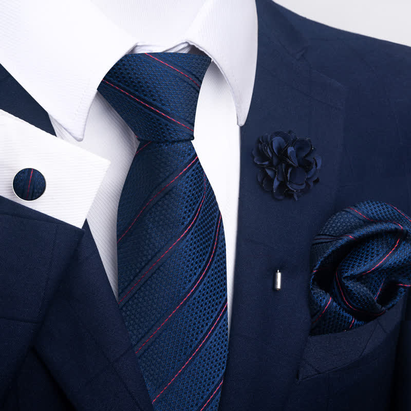 4Pcs Men's Navy Blue Series Jacquard Design Necktie Set - Image 3
