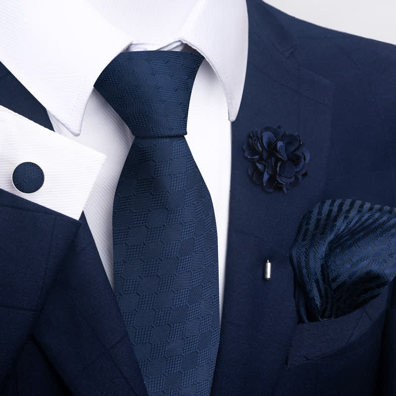 4Pcs Men's Navy Blue Series Jacquard Design Necktie Set - Image 5