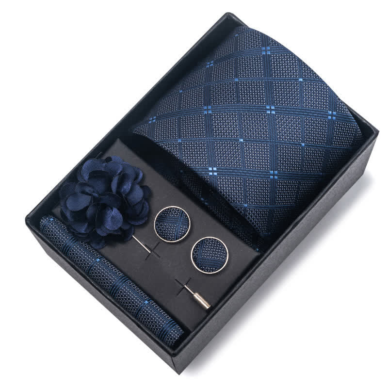 4Pcs Men's Navy Blue Series Jacquard Design Necktie Set - Image 8