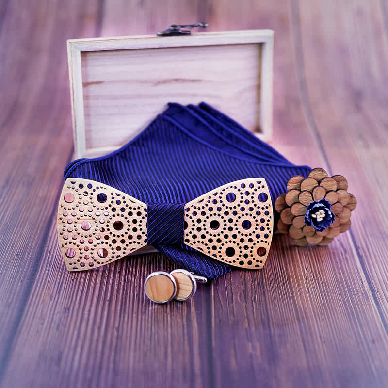 4Pcs Men's Round Hollow Wooden Bow Tie Set - Image 3