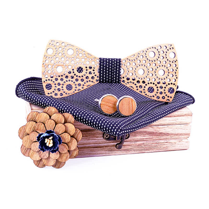 4Pcs Men's Round Hollow Wooden Bow Tie Set - Image 8
