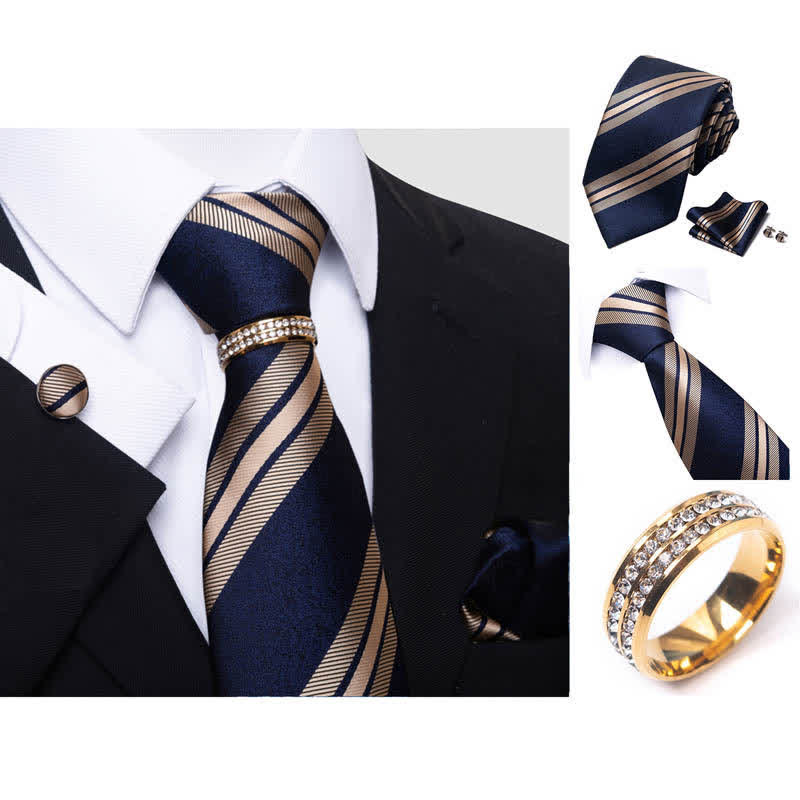4Pcs Men's Striped Necktie Set With Tie Ring - Image 4