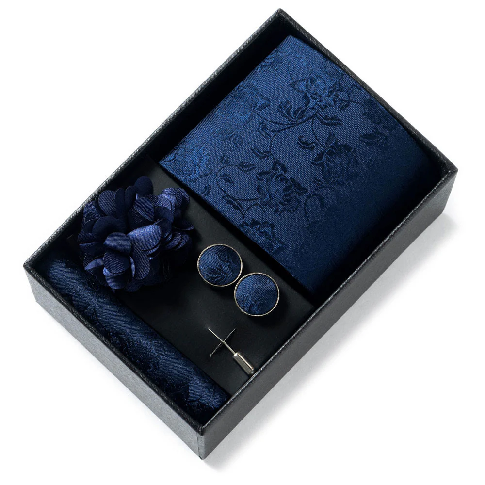 4Pcs Men's Stylish Patterned Fabric Necktie Pocket Square Cufflink And Lapel Flower Set - Image 10