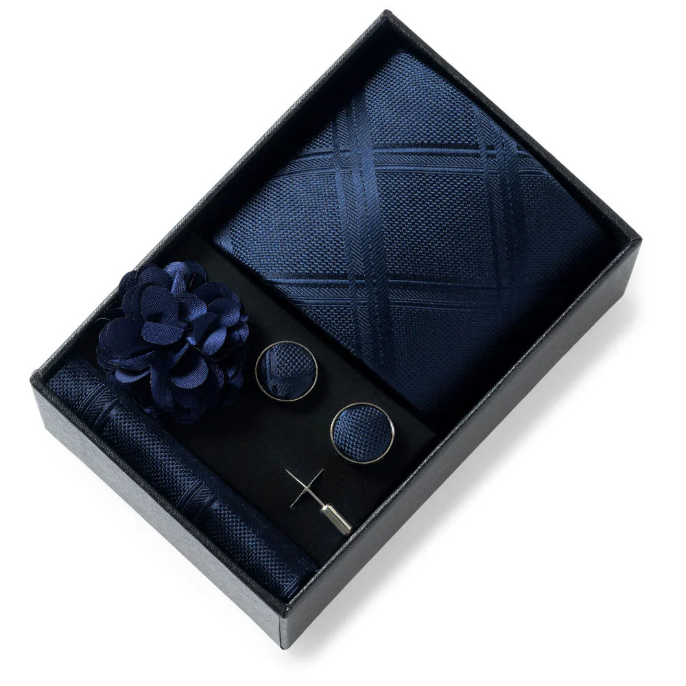 4Pcs Men's Stylish Patterned Fabric Necktie Pocket Square Cufflink And Lapel Flower Set - Image 14