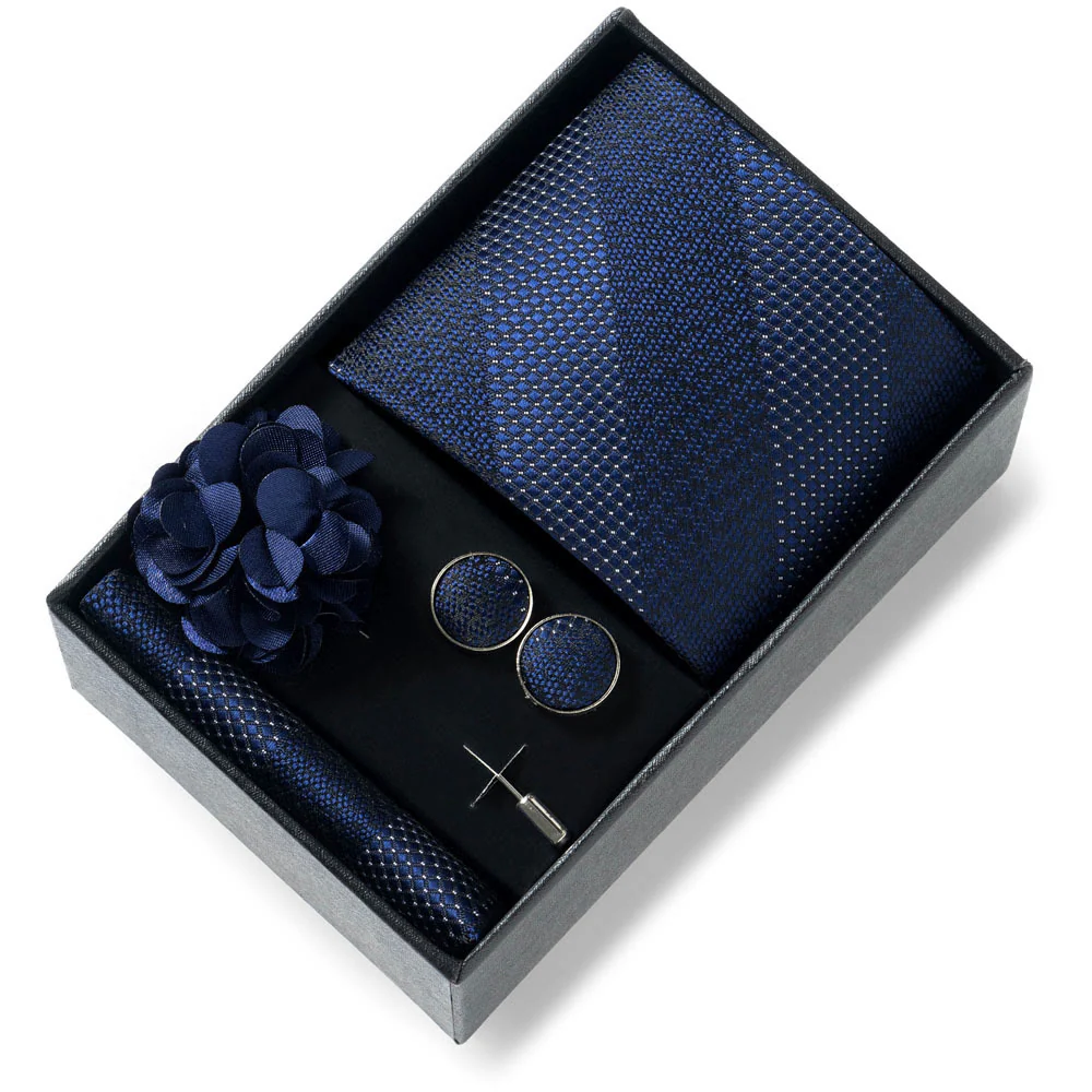 4Pcs Men's Stylish Patterned Fabric Necktie Pocket Square Cufflink And Lapel Flower Set - Image 16