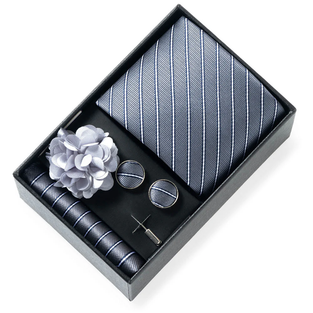 4Pcs Men's Stylish Patterned Fabric Necktie Pocket Square Cufflink And Lapel Flower Set - Image 18