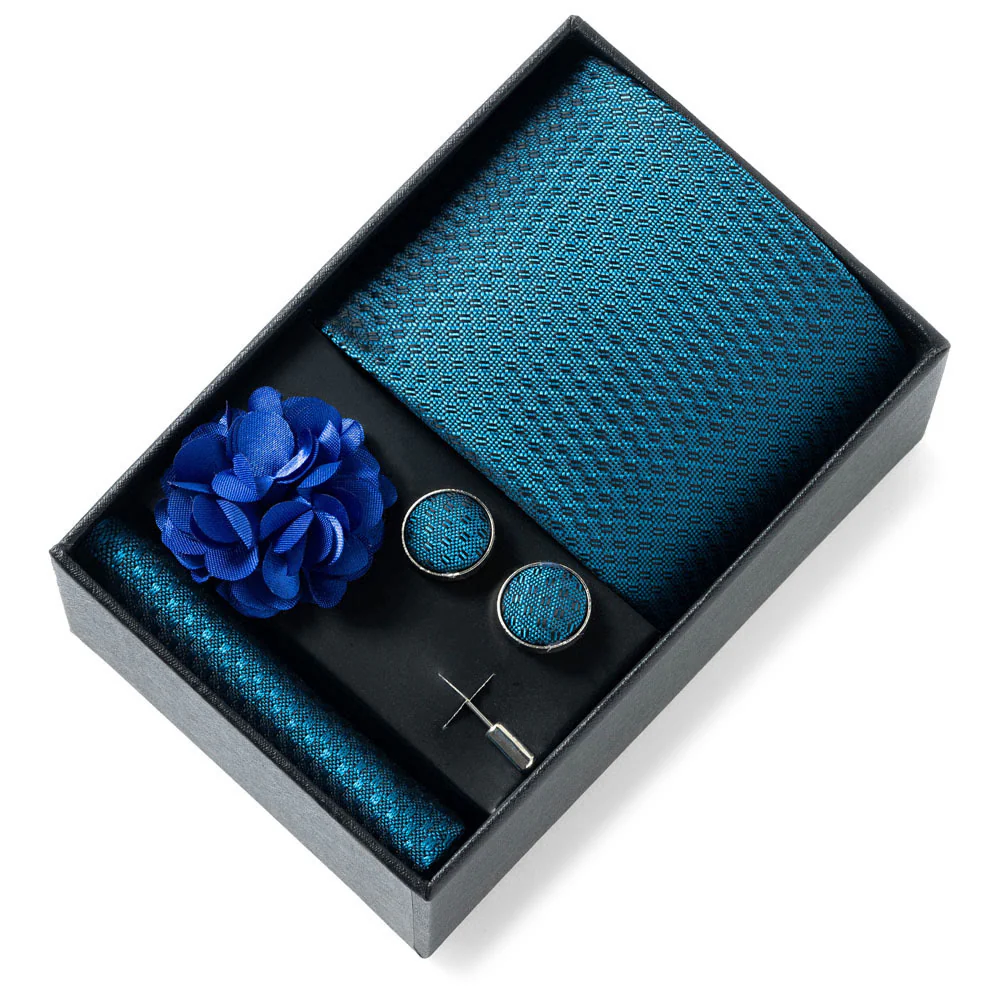 4Pcs Men's Stylish Patterned Fabric Necktie Pocket Square Cufflink And Lapel Flower Set - Image 19