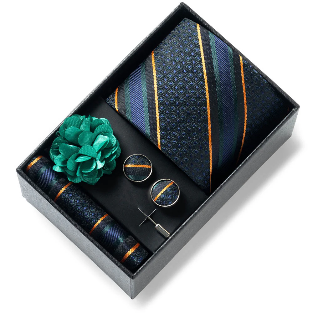 4Pcs Men's Stylish Patterned Fabric Necktie Pocket Square Cufflink And Lapel Flower Set - Image 22