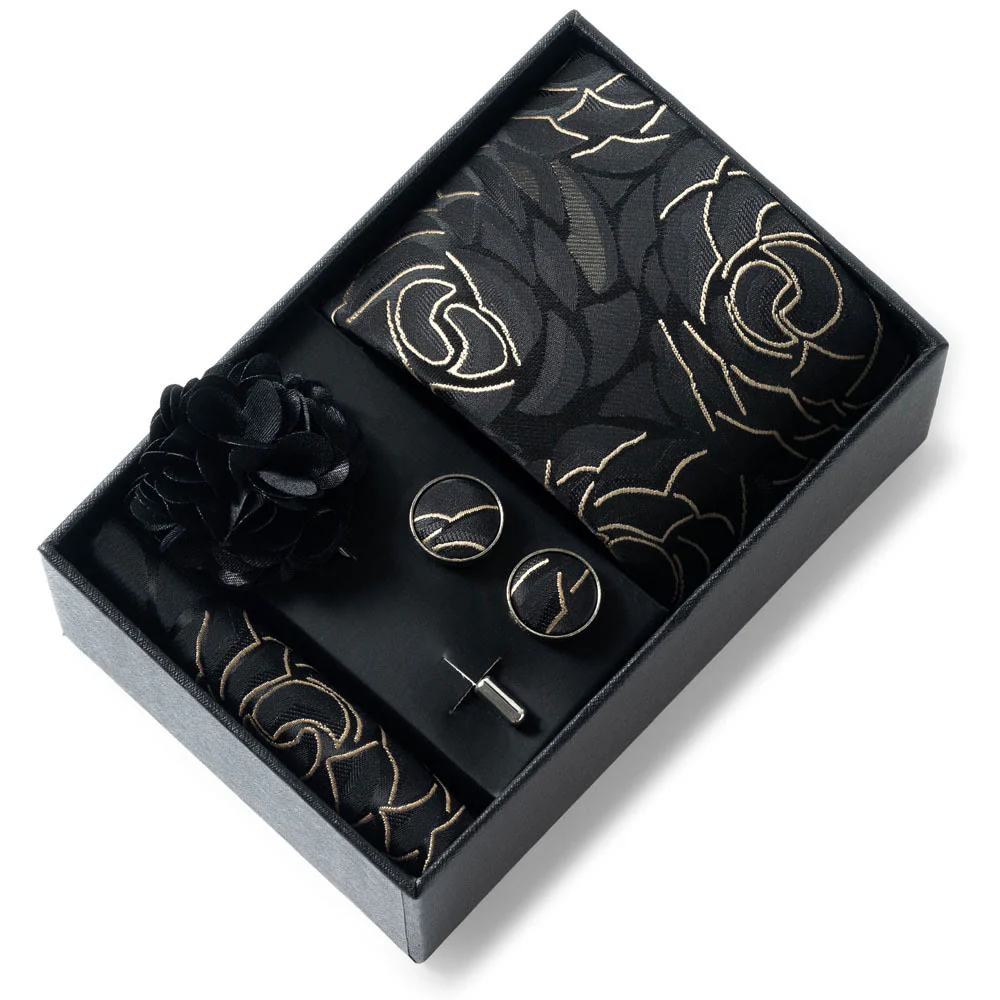 4Pcs Men's Stylish Patterned Fabric Necktie Pocket Square Cufflink And Lapel Flower Set - Image 23