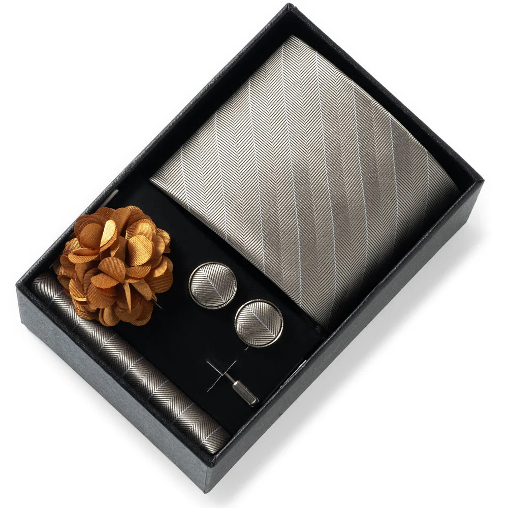 4Pcs Men's Stylish Patterned Fabric Necktie Pocket Square Cufflink And Lapel Flower Set - Image 24