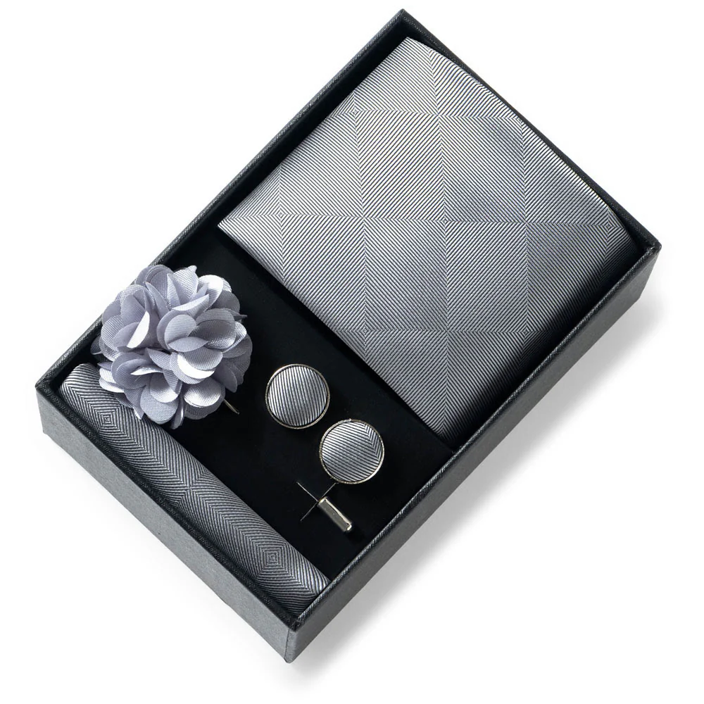 4Pcs Men's Stylish Patterned Fabric Necktie Pocket Square Cufflink And Lapel Flower Set - Image 25