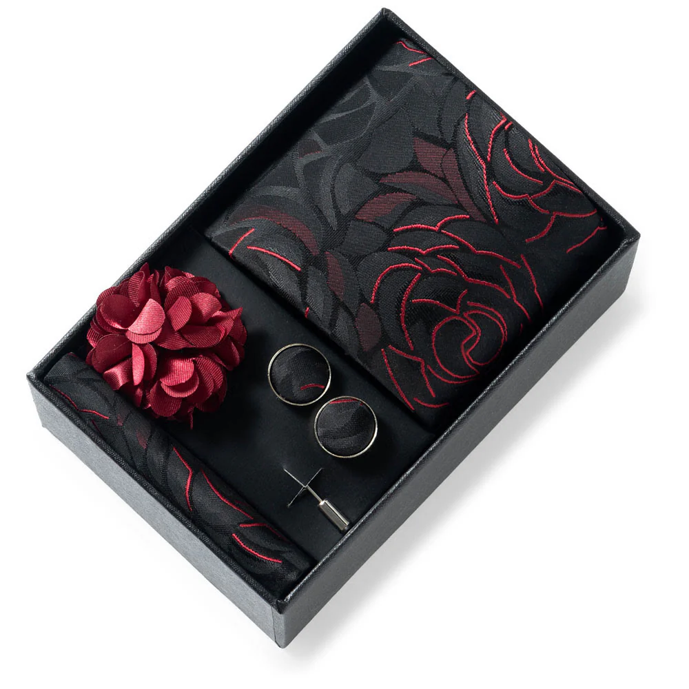 4Pcs Men's Stylish Patterned Fabric Necktie Pocket Square Cufflink And Lapel Flower Set - Image 26
