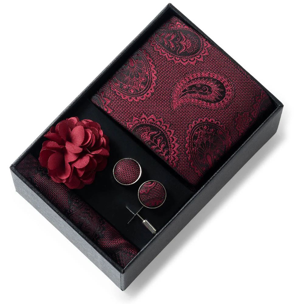 4Pcs Men's Stylish Patterned Fabric Necktie Pocket Square Cufflink And Lapel Flower Set - Image 31