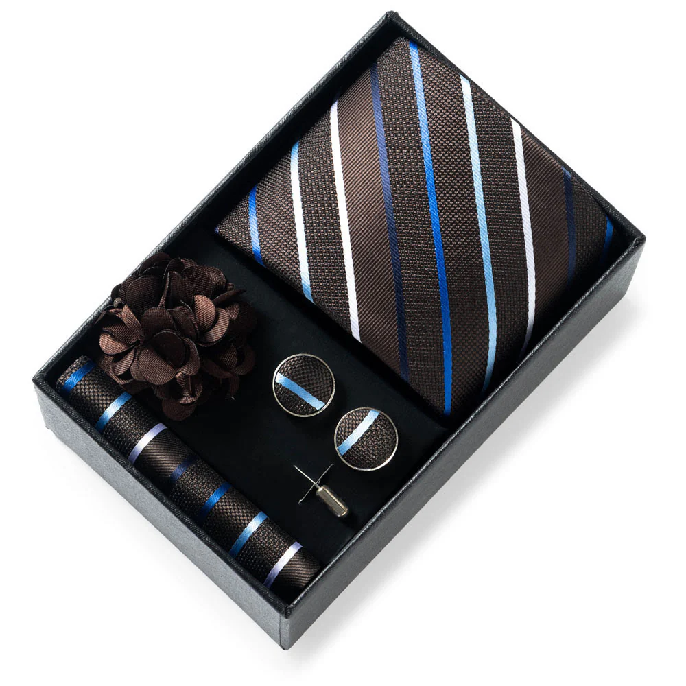 4Pcs Men's Stylish Patterned Fabric Necktie Pocket Square Cufflink And Lapel Flower Set - Image 34