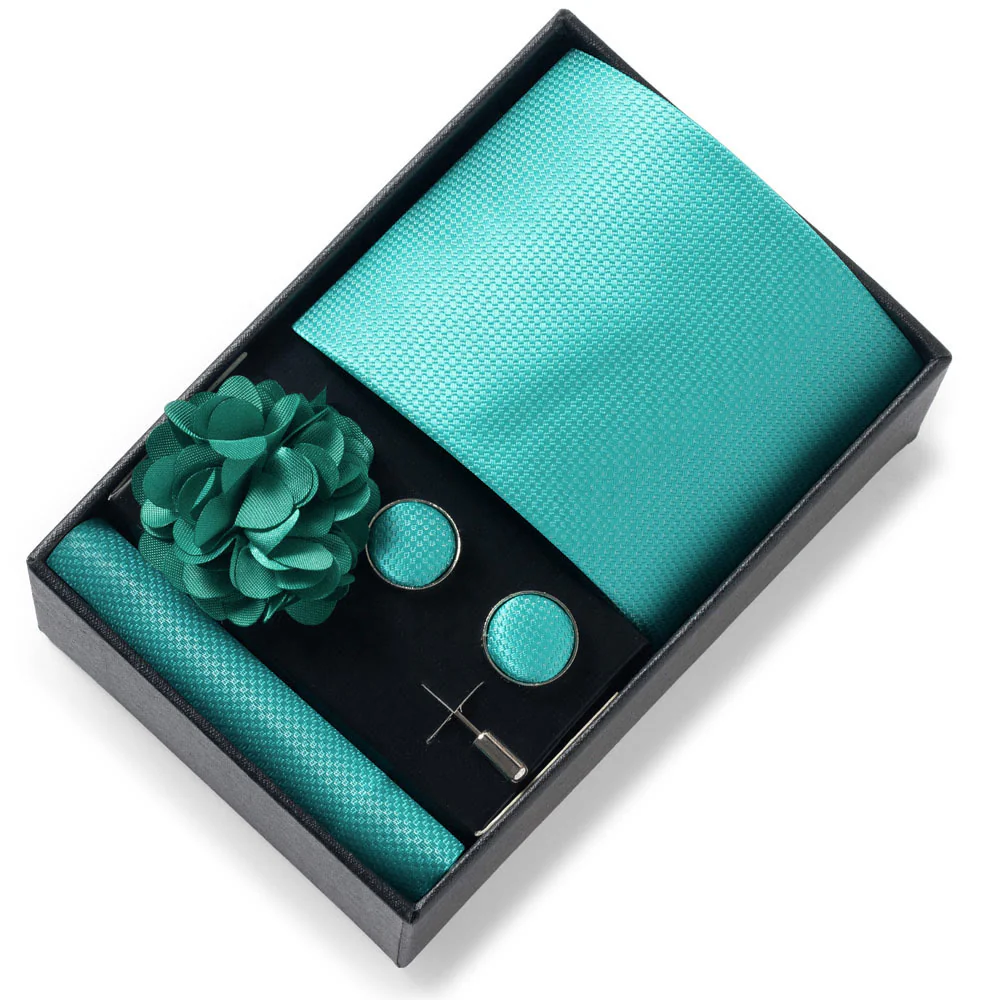 4Pcs Men's Stylish Patterned Fabric Necktie Pocket Square Cufflink And Lapel Flower Set - Image 35