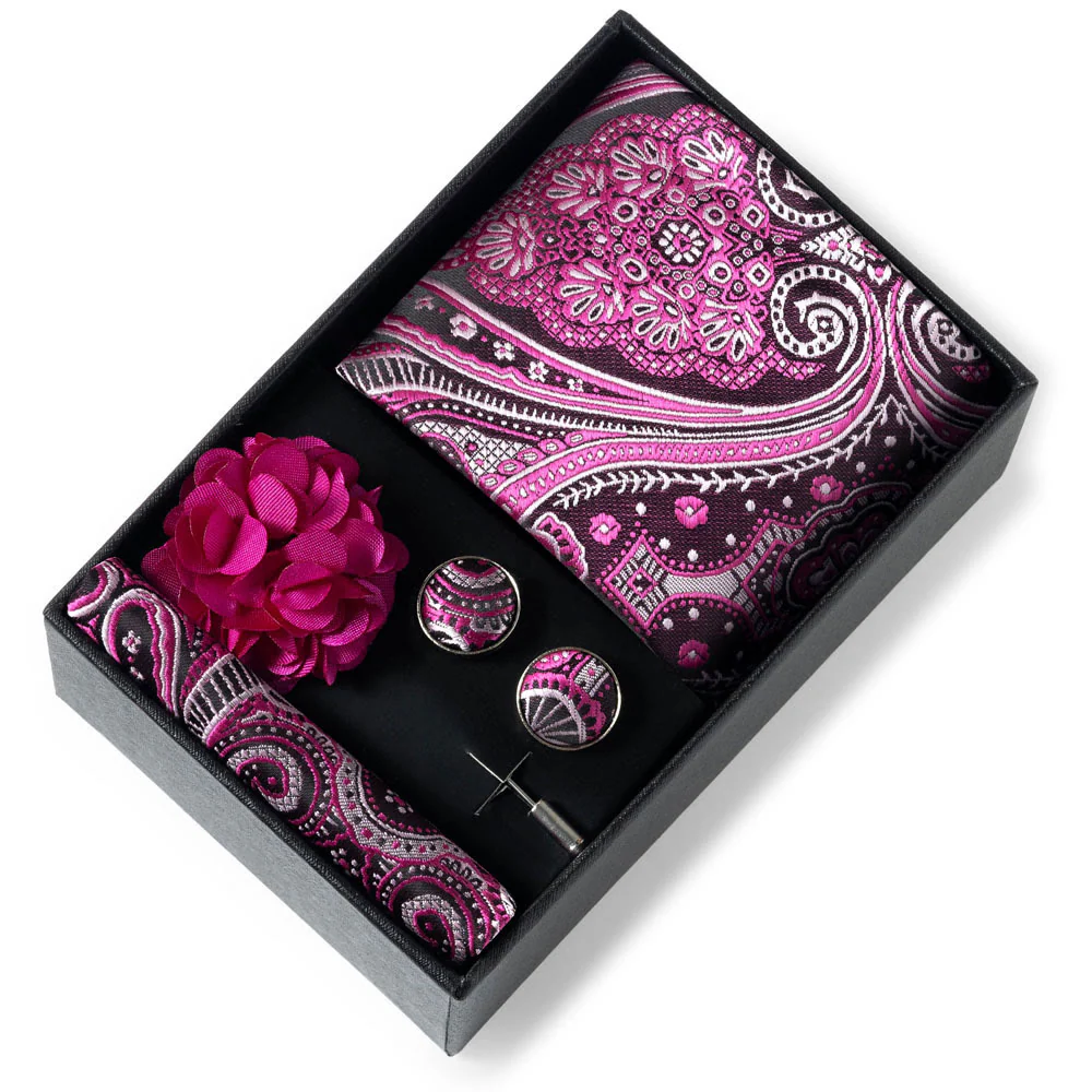 4Pcs Men's Stylish Patterned Fabric Necktie Pocket Square Cufflink And Lapel Flower Set - Image 42